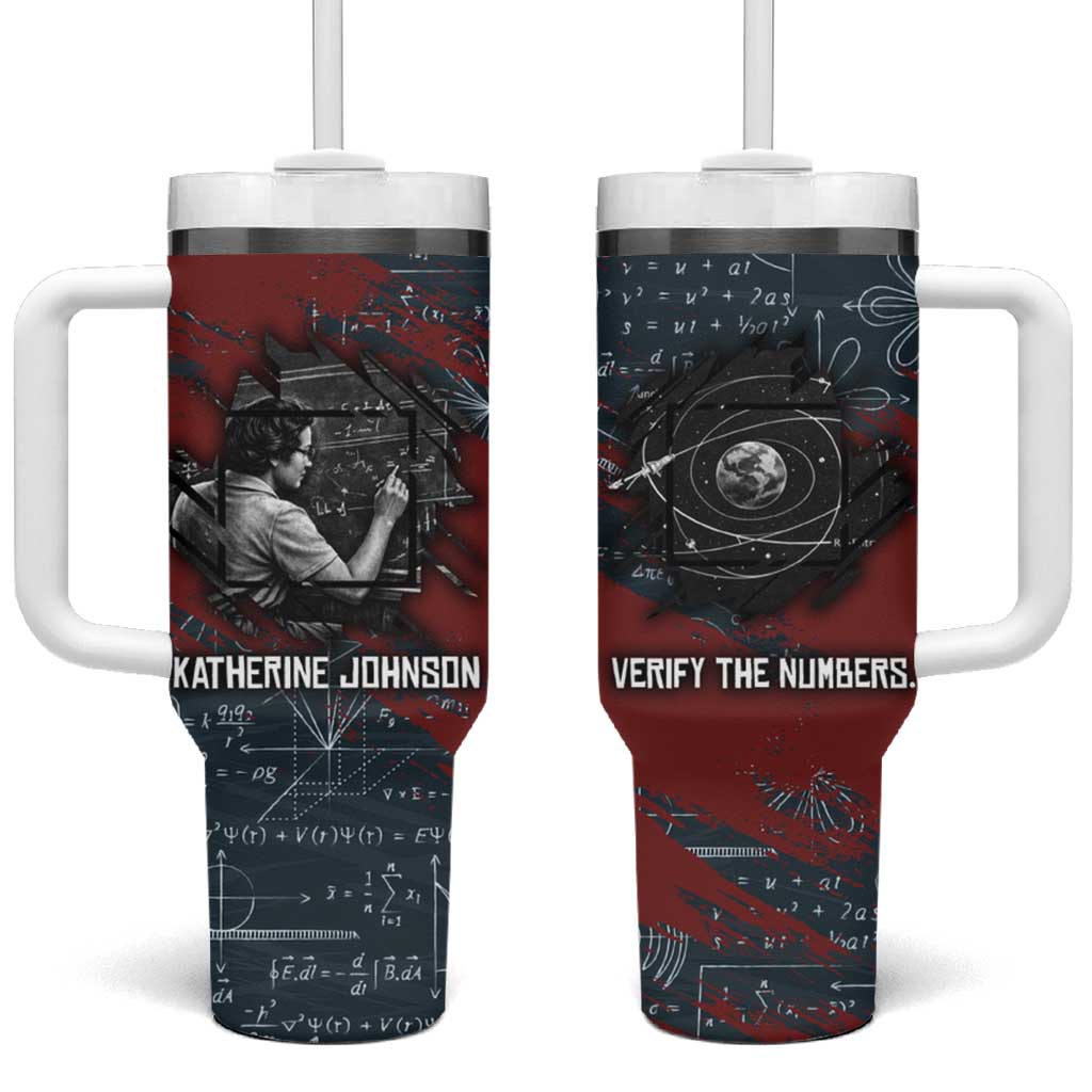 Katherine Johnson Tumbler With Handle with Chalkboard Math Scene, Verify the Numbers Quote and Space Orbit - Wonder Print Shop