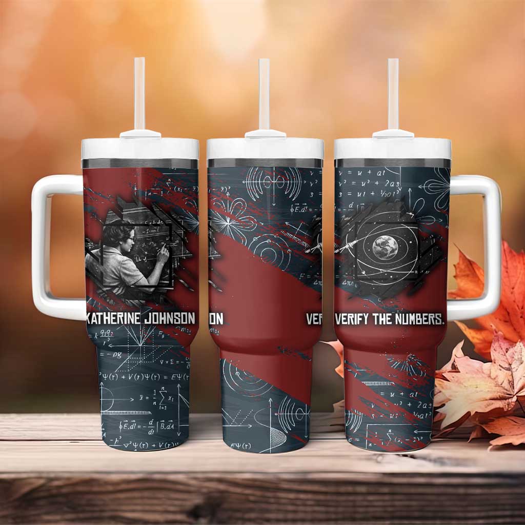 Katherine Johnson Tumbler With Handle with Chalkboard Math Scene, Verify the Numbers Quote and Space Orbit - Wonder Print Shop