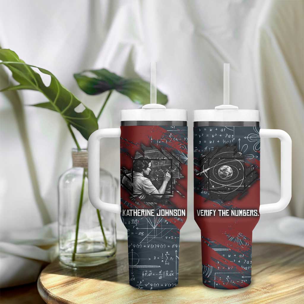 Katherine Johnson Tumbler With Handle with Chalkboard Math Scene, Verify the Numbers Quote and Space Orbit - Wonder Print Shop