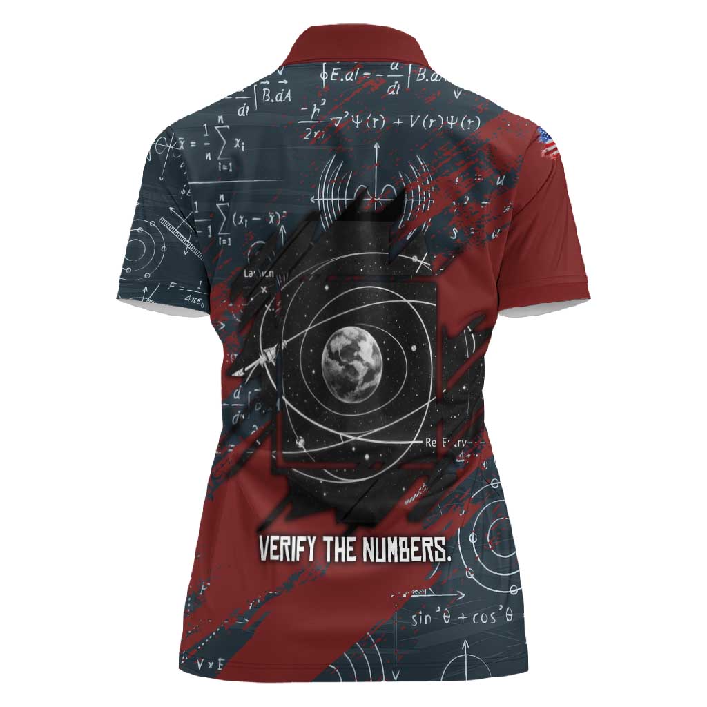 Katherine Johnson Women Polo Shirt with Chalkboard Math Scene, Verify the Numbers Quote and Space Orbit - Wonder Print Shop
