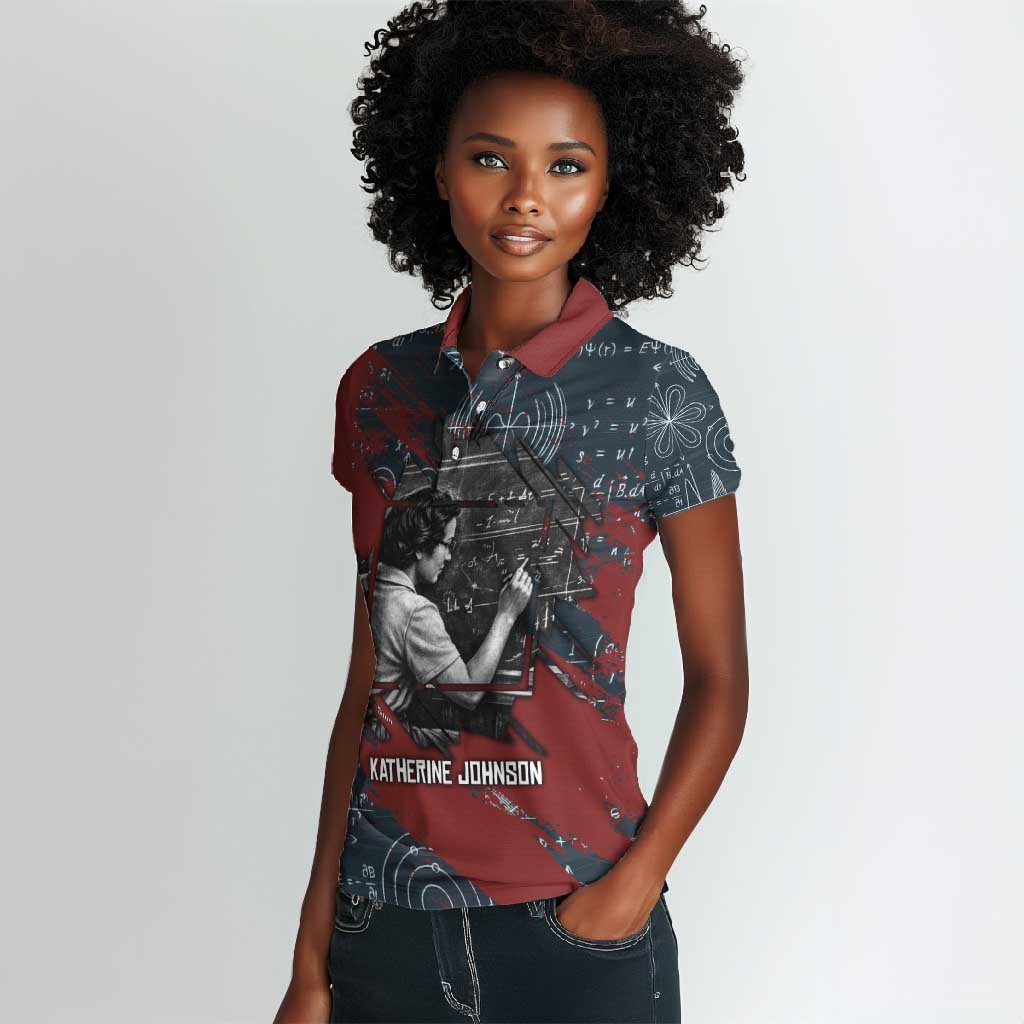 Katherine Johnson Women Polo Shirt with Chalkboard Math Scene, Verify the Numbers Quote and Space Orbit - Wonder Print Shop