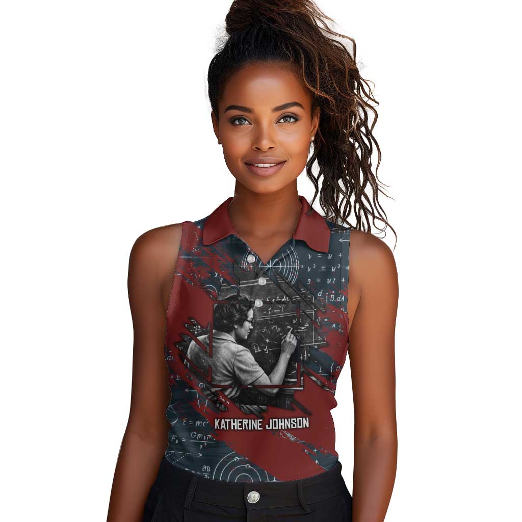 Katherine Johnson Women Sleeveless Polo Shirt with Chalkboard Math Scene, Verify the Numbers Quote and Space Orbit - Wonder Print Shop
