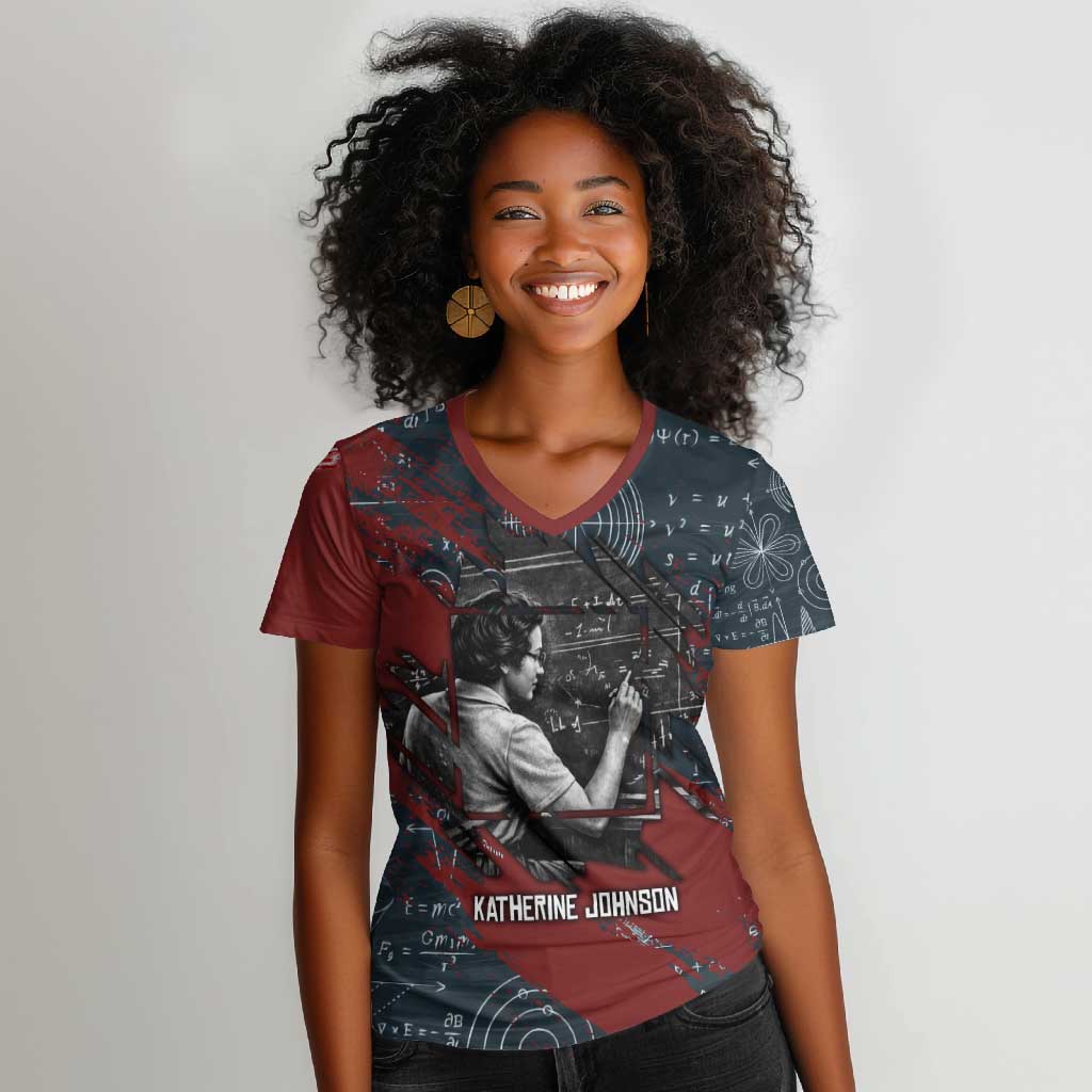 Katherine Johnson Women V-Neck T-Shirt with Chalkboard Math Scene, Verify the Numbers Quote and Space Orbit - Wonder Print Shop