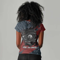Katherine Johnson Women V-Neck T-Shirt with Chalkboard Math Scene, Verify the Numbers Quote and Space Orbit - Wonder Print Shop