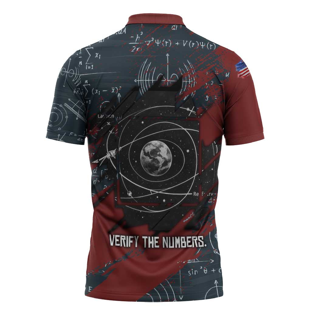 Katherine Johnson Zipper Polo Shirt with Chalkboard Math Scene, Verify the Numbers Quote and Space Orbit - Wonder Print Shop