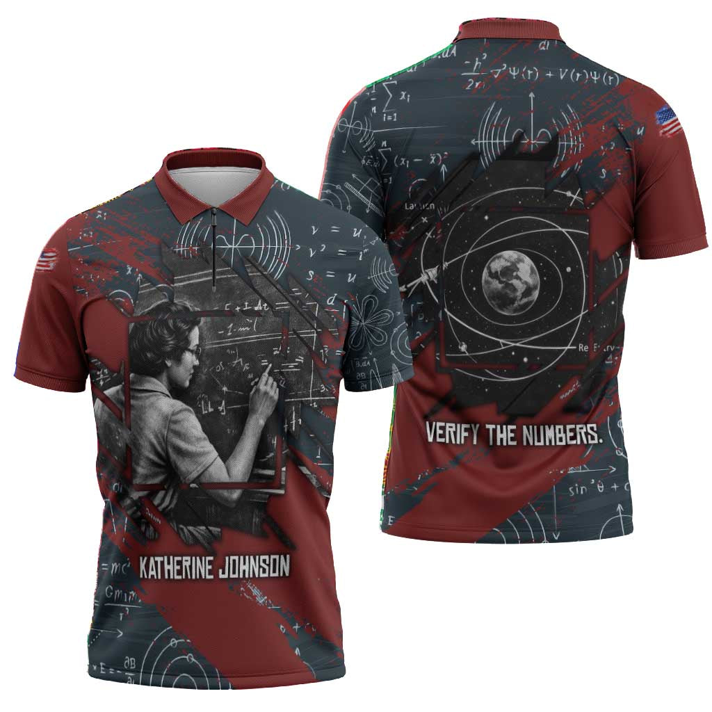 Katherine Johnson Zipper Polo Shirt with Chalkboard Math Scene, Verify the Numbers Quote and Space Orbit - Wonder Print Shop
