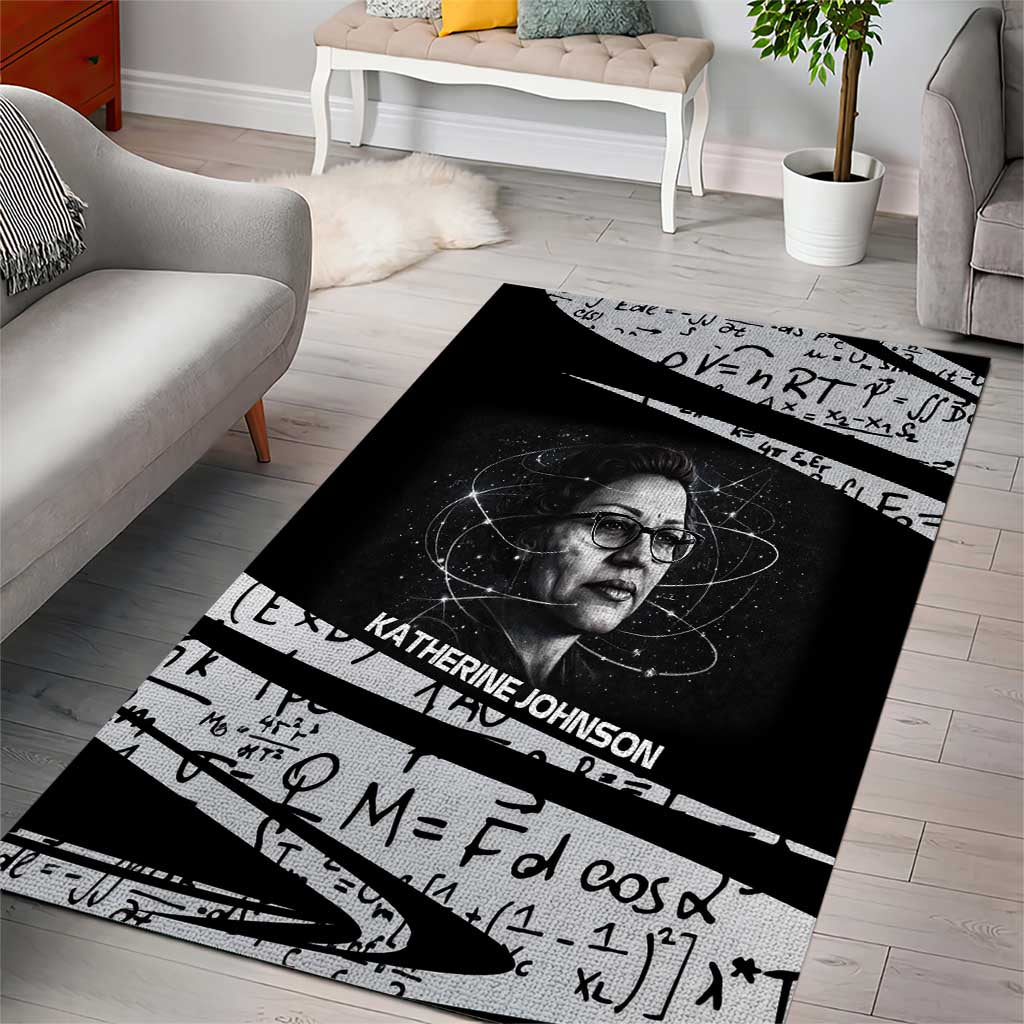 Katherine Johnson Area Rug with Orbital Space Portrait, Historic NASA Launch Dates and Physics - Wonder Print Shop