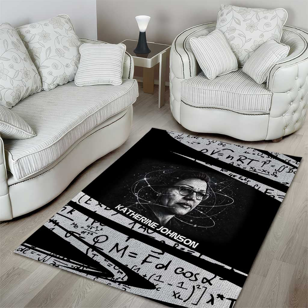 Katherine Johnson Area Rug with Orbital Space Portrait, Historic NASA Launch Dates and Physics - Wonder Print Shop