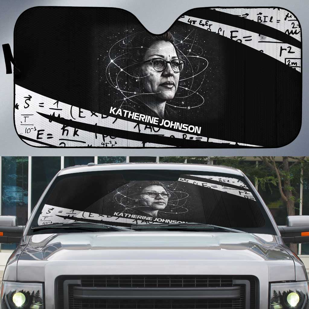 Katherine Johnson Auto Sun Shade with Orbital Space Portrait, Historic NASA Launch Dates and Physics - Wonder Print Shop