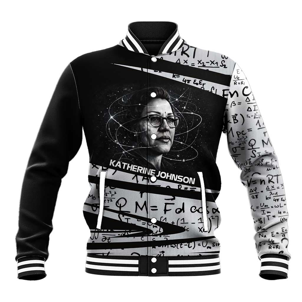 Katherine Johnson Baseball Jacket with Orbital Space Portrait, Historic NASA Launch Dates and Physics - Wonder Print Shop