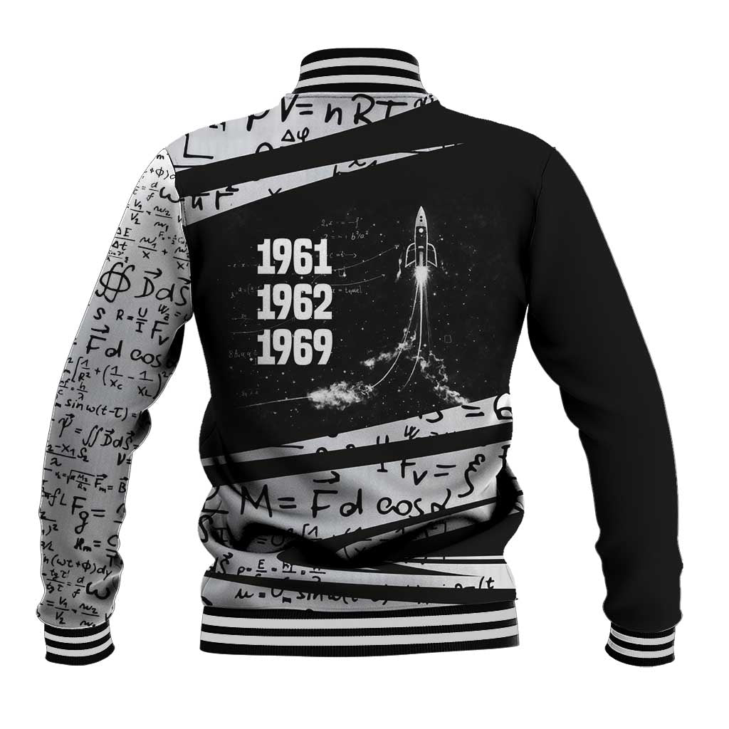Katherine Johnson Baseball Jacket with Orbital Space Portrait, Historic NASA Launch Dates and Physics - Wonder Print Shop