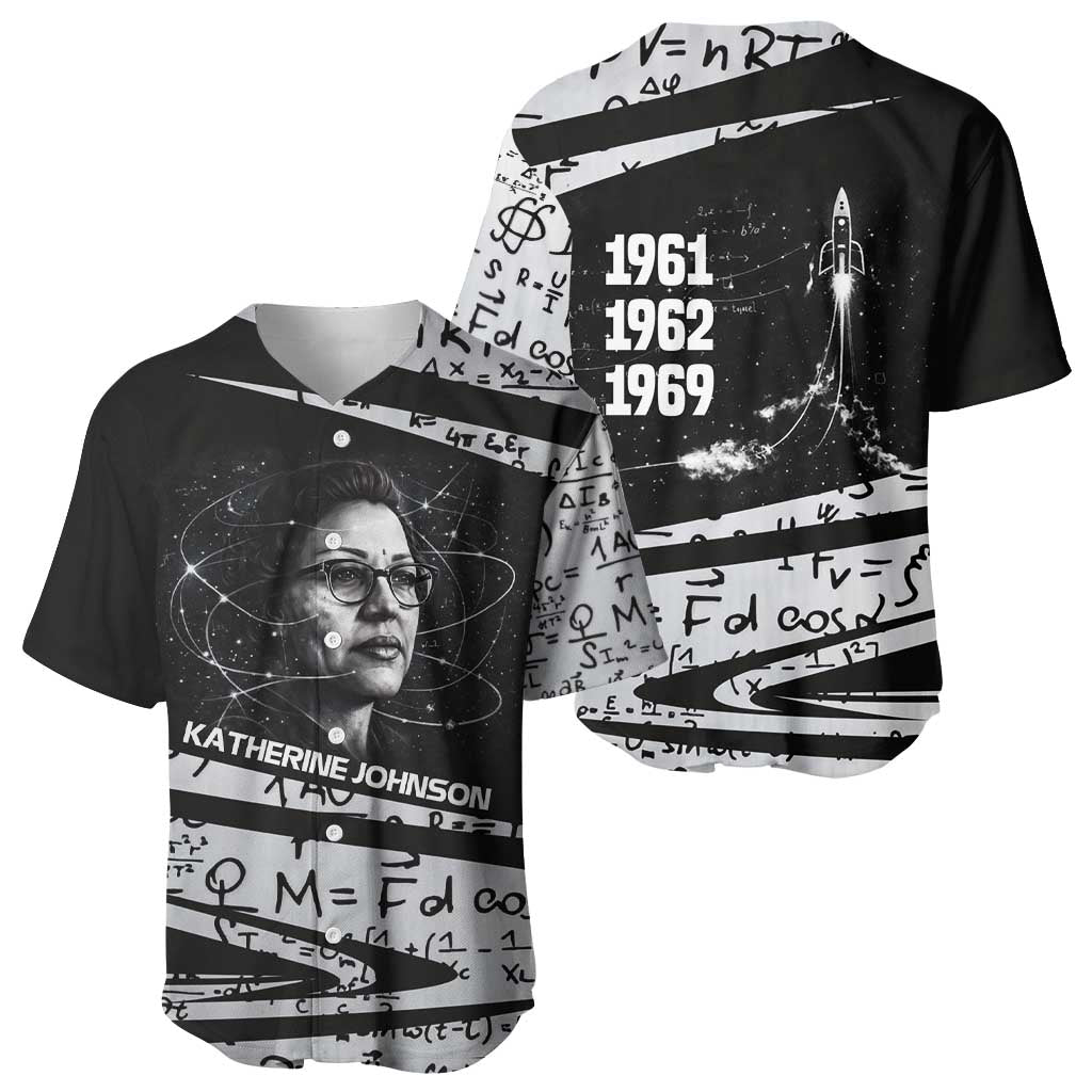 Katherine Johnson Baseball Jersey with Orbital Space Portrait, Historic NASA Launch Dates and Physics - Wonder Print Shop