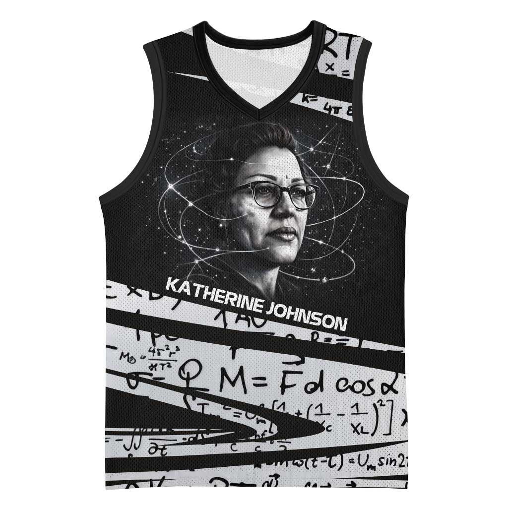 Katherine Johnson Basketball Jersey with Orbital Space Portrait, Historic NASA Launch Dates and Physics - Wonder Print Shop
