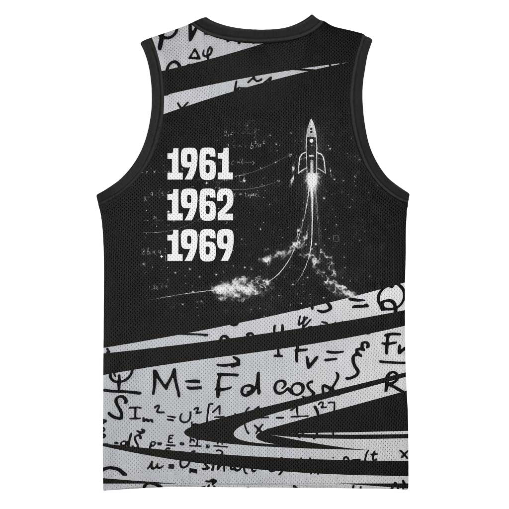 Katherine Johnson Basketball Jersey with Orbital Space Portrait, Historic NASA Launch Dates and Physics - Wonder Print Shop