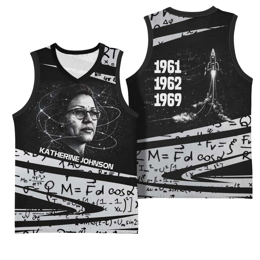 Katherine Johnson Basketball Jersey with Orbital Space Portrait, Historic NASA Launch Dates and Physics - Wonder Print Shop