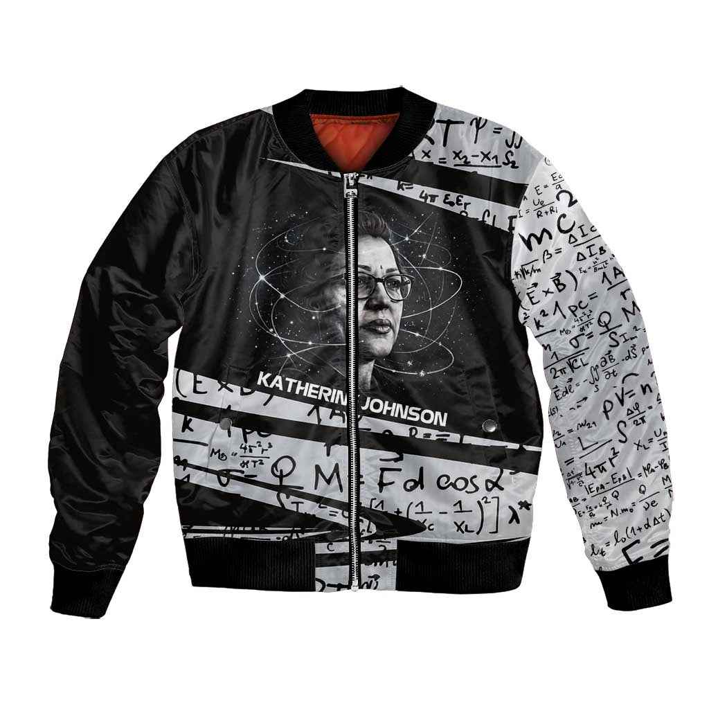 Katherine Johnson Bomber Jacket with Orbital Space Portrait, Historic NASA Launch Dates and Physics - Wonder Print Shop
