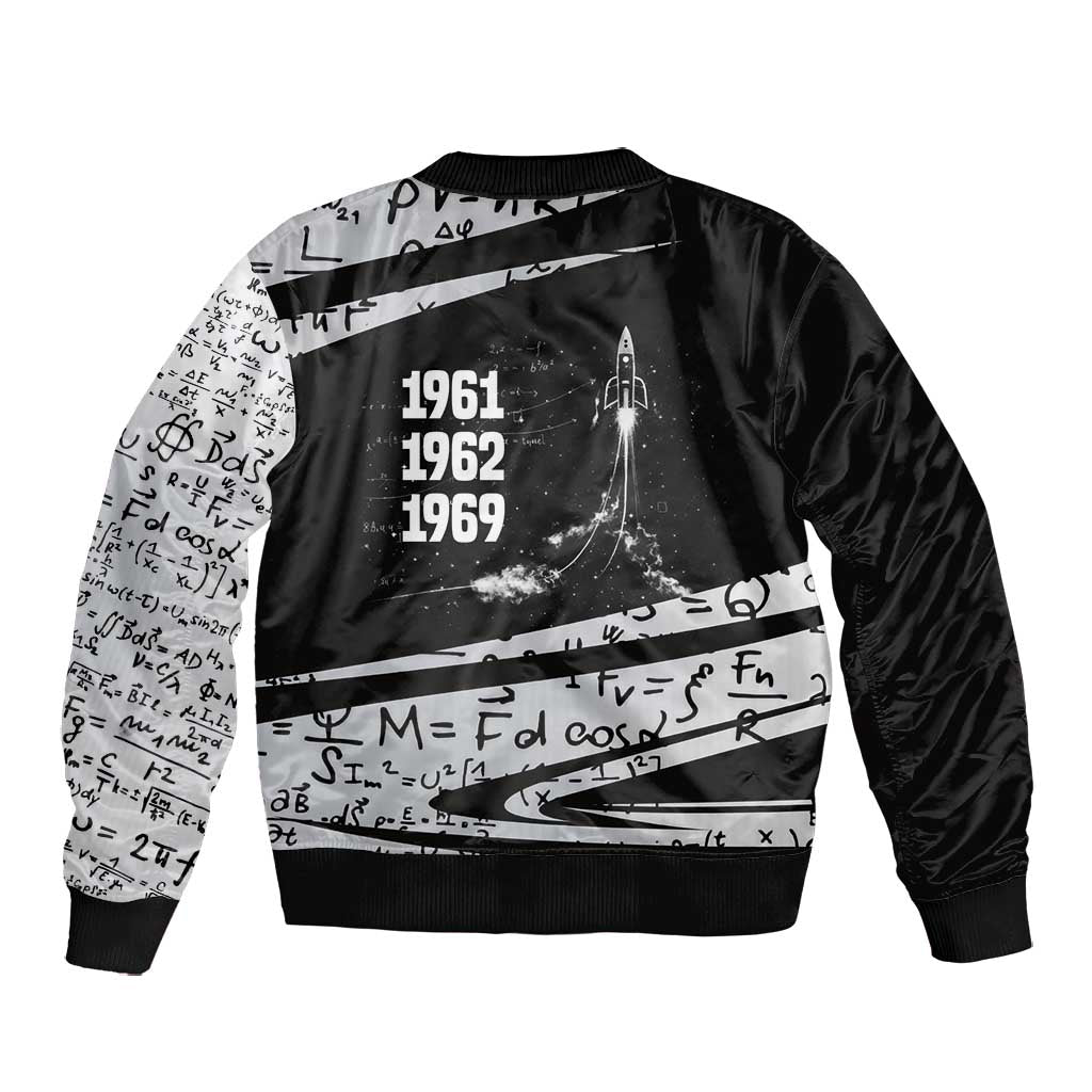 Katherine Johnson Bomber Jacket with Orbital Space Portrait, Historic NASA Launch Dates and Physics - Wonder Print Shop