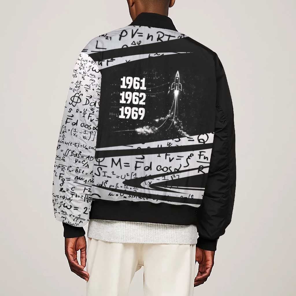Katherine Johnson Bomber Jacket with Orbital Space Portrait, Historic NASA Launch Dates and Physics - Wonder Print Shop