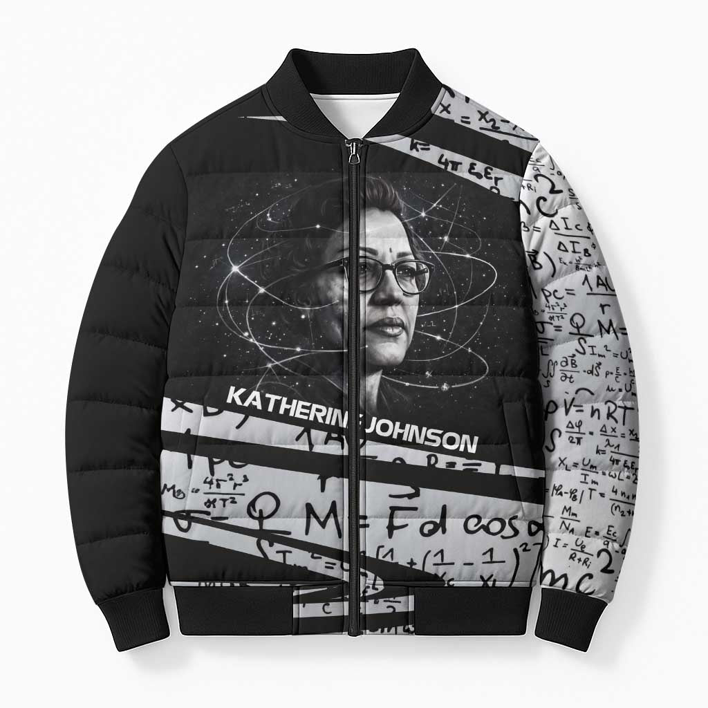 Katherine Johnson Bomber Puffer Jacket with Orbital Space Portrait, Historic NASA Launch Dates and Physics - Wonder Print Shop