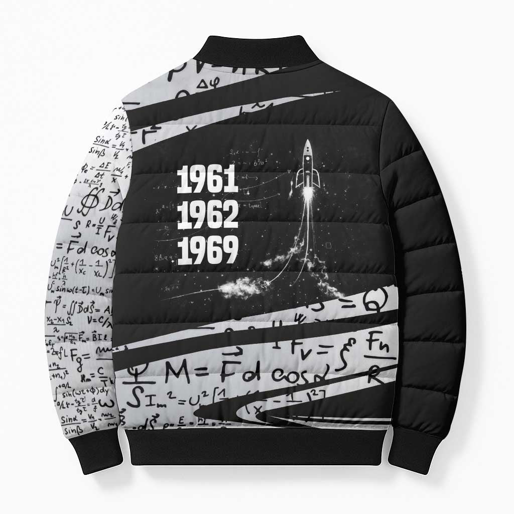 Katherine Johnson Bomber Puffer Jacket with Orbital Space Portrait, Historic NASA Launch Dates and Physics - Wonder Print Shop
