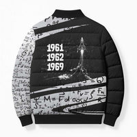 Katherine Johnson Bomber Puffer Jacket with Orbital Space Portrait, Historic NASA Launch Dates and Physics - Wonder Print Shop