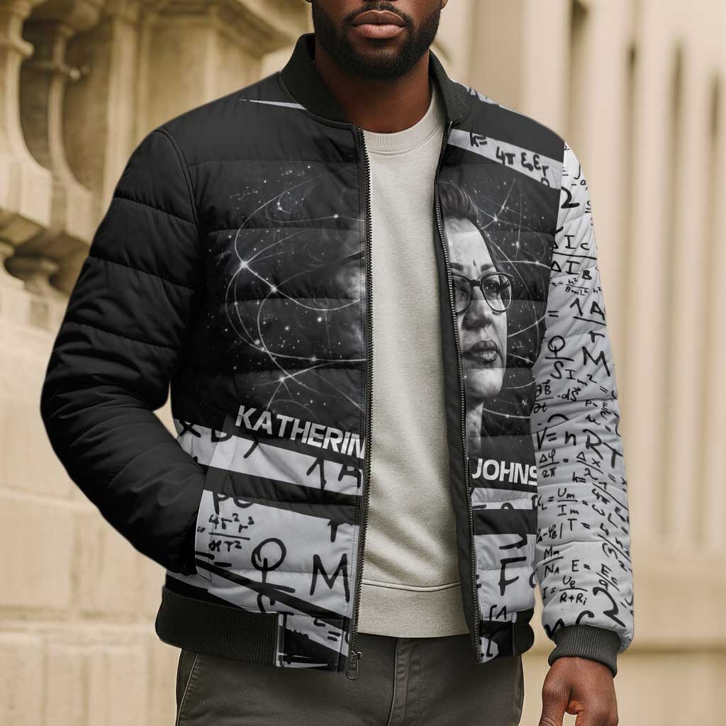Katherine Johnson Bomber Puffer Jacket with Orbital Space Portrait, Historic NASA Launch Dates and Physics - Wonder Print Shop