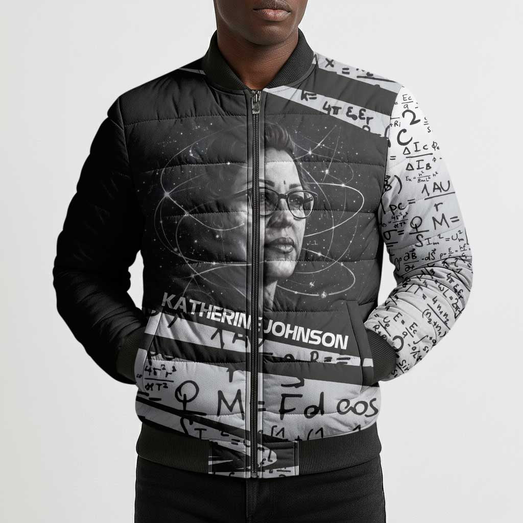 Katherine Johnson Bomber Puffer Jacket with Orbital Space Portrait, Historic NASA Launch Dates and Physics - Wonder Print Shop