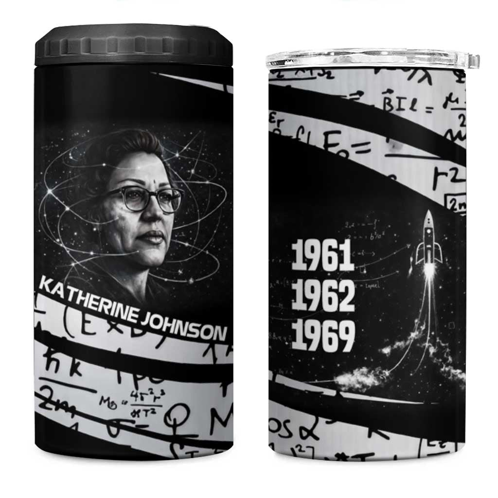 Katherine Johnson 4 in 1 Can Cooler Tumbler with Orbital Space Portrait, Historic NASA Launch Dates and Physics - Wonder Print Shop