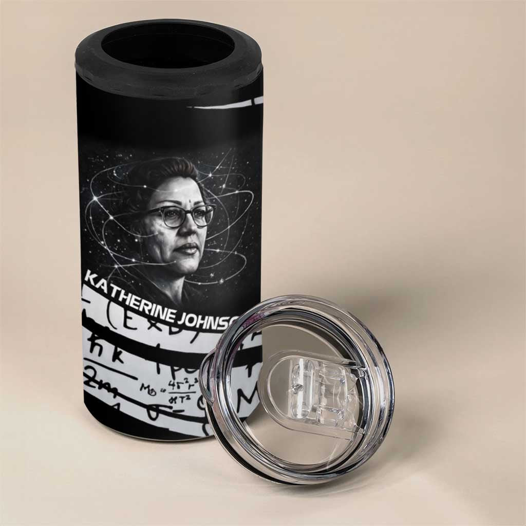 Katherine Johnson 4 in 1 Can Cooler Tumbler with Orbital Space Portrait, Historic NASA Launch Dates and Physics - Wonder Print Shop