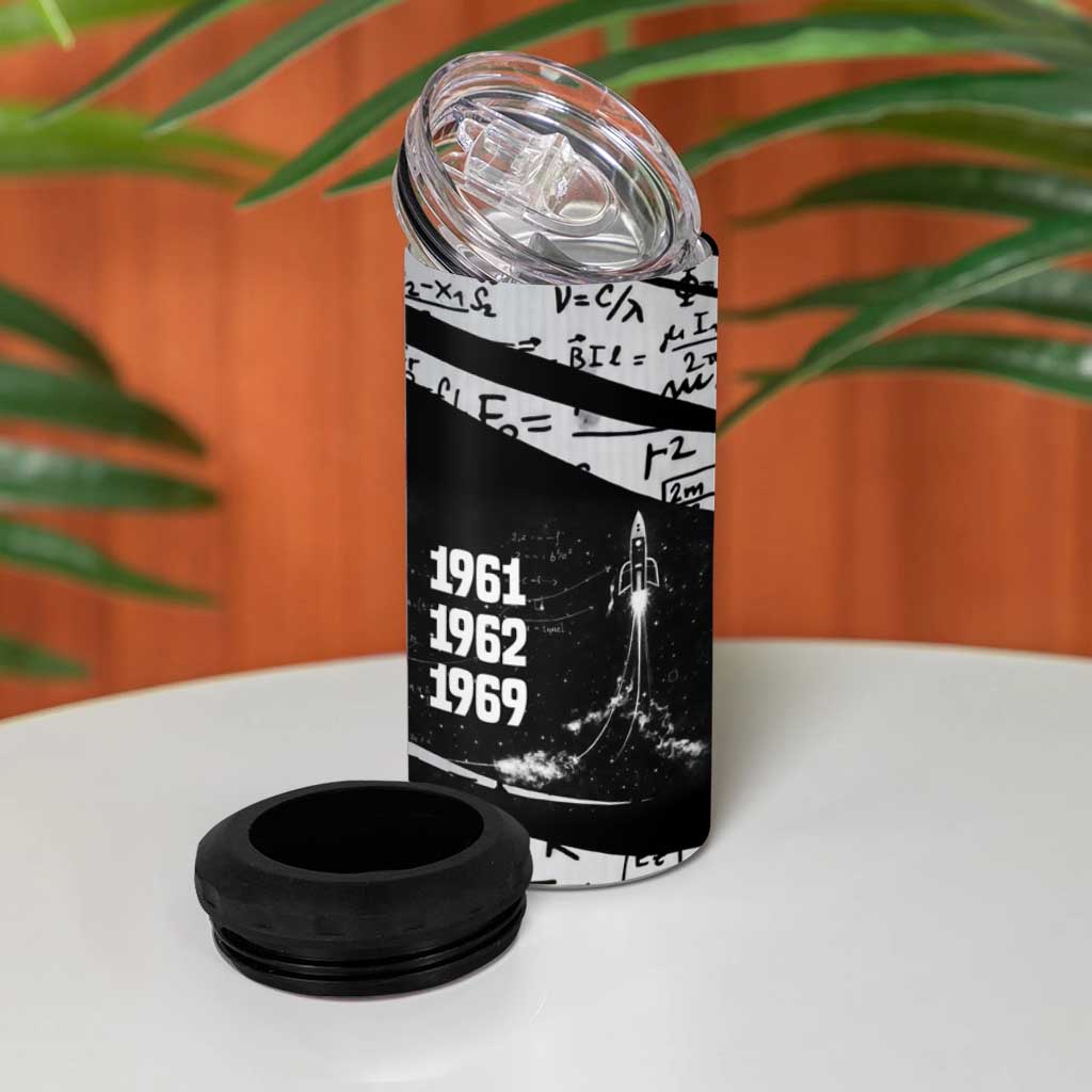 Katherine Johnson 4 in 1 Can Cooler Tumbler with Orbital Space Portrait, Historic NASA Launch Dates and Physics - Wonder Print Shop