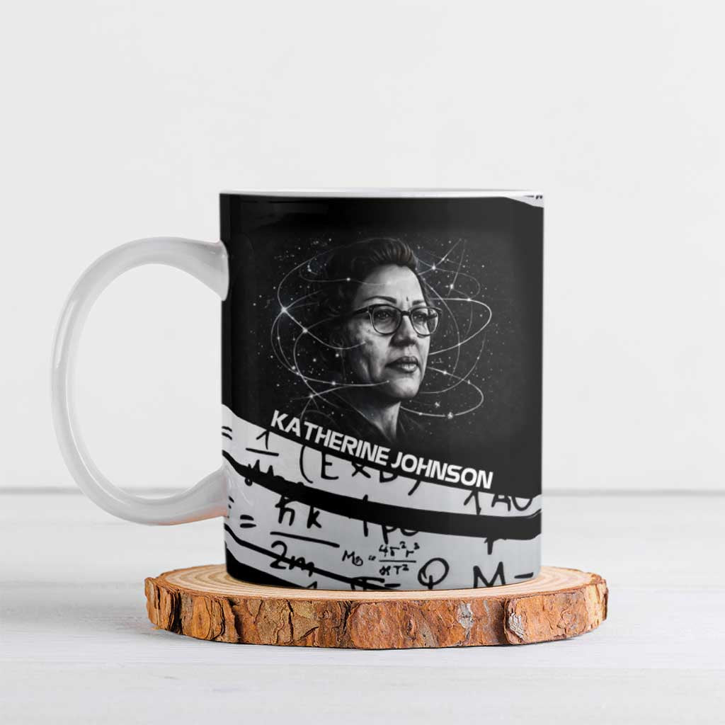 Katherine Johnson Ceramic Mug with Orbital Space Portrait, Historic NASA Launch Dates and Physics - Wonder Print Shop