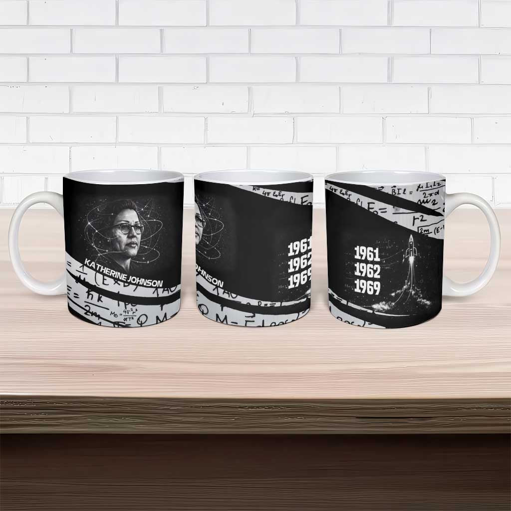 Katherine Johnson Ceramic Mug with Orbital Space Portrait, Historic NASA Launch Dates and Physics - Wonder Print Shop