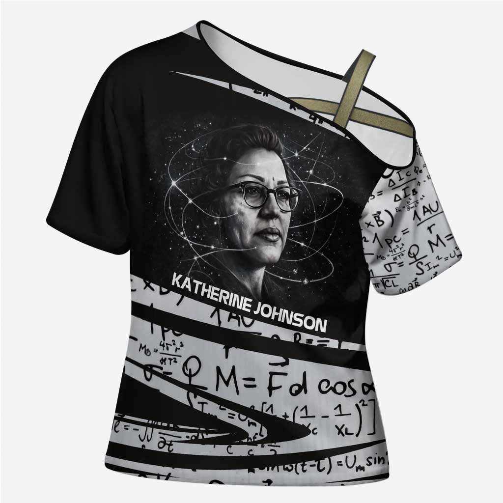 Katherine Johnson Cross Shoulder Shirt with Orbital Space Portrait, Historic NASA Launch Dates and Physics - Wonder Print Shop