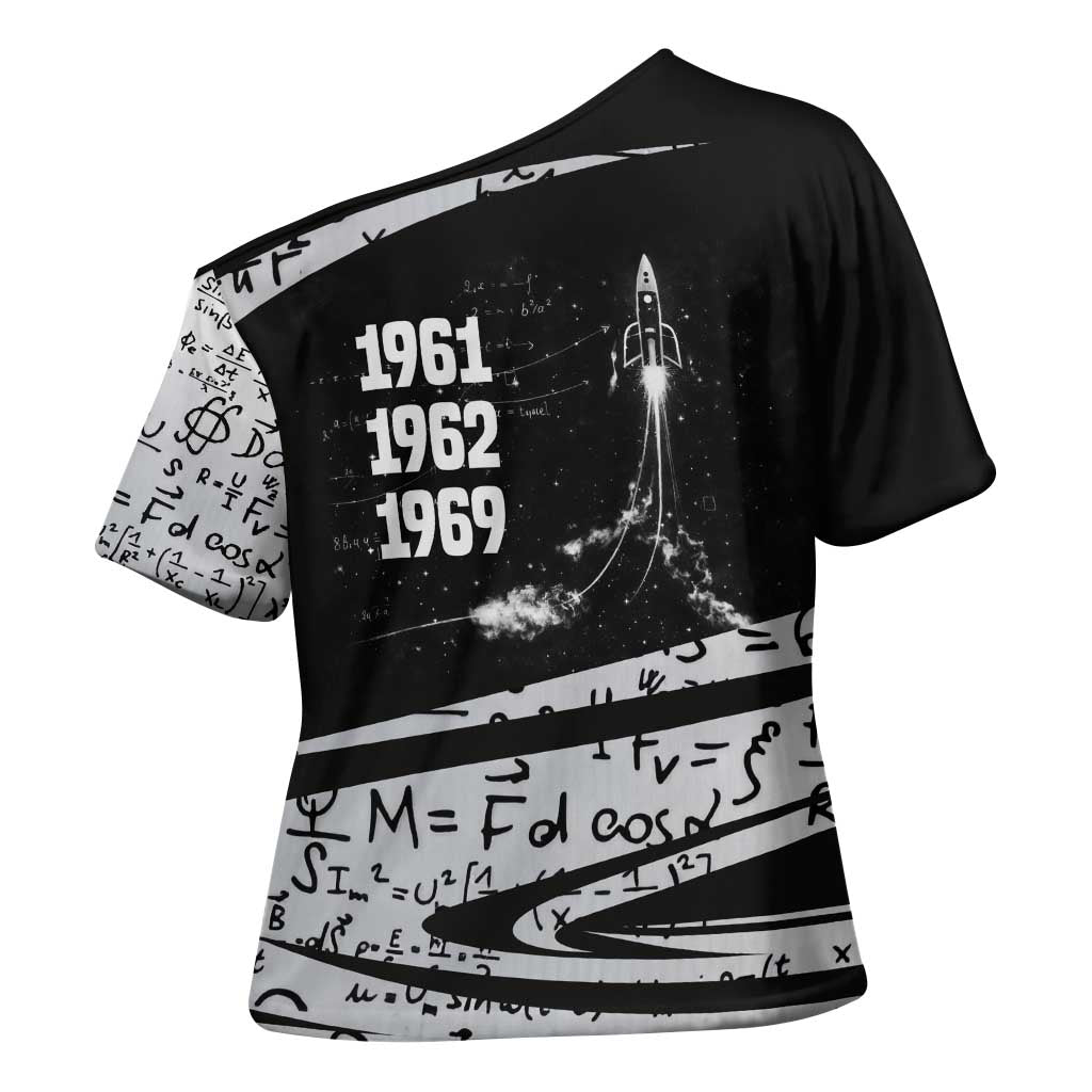 Katherine Johnson Cross Shoulder Shirt with Orbital Space Portrait, Historic NASA Launch Dates and Physics - Wonder Print Shop