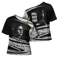 Katherine Johnson Cross Shoulder Shirt with Orbital Space Portrait, Historic NASA Launch Dates and Physics - Wonder Print Shop