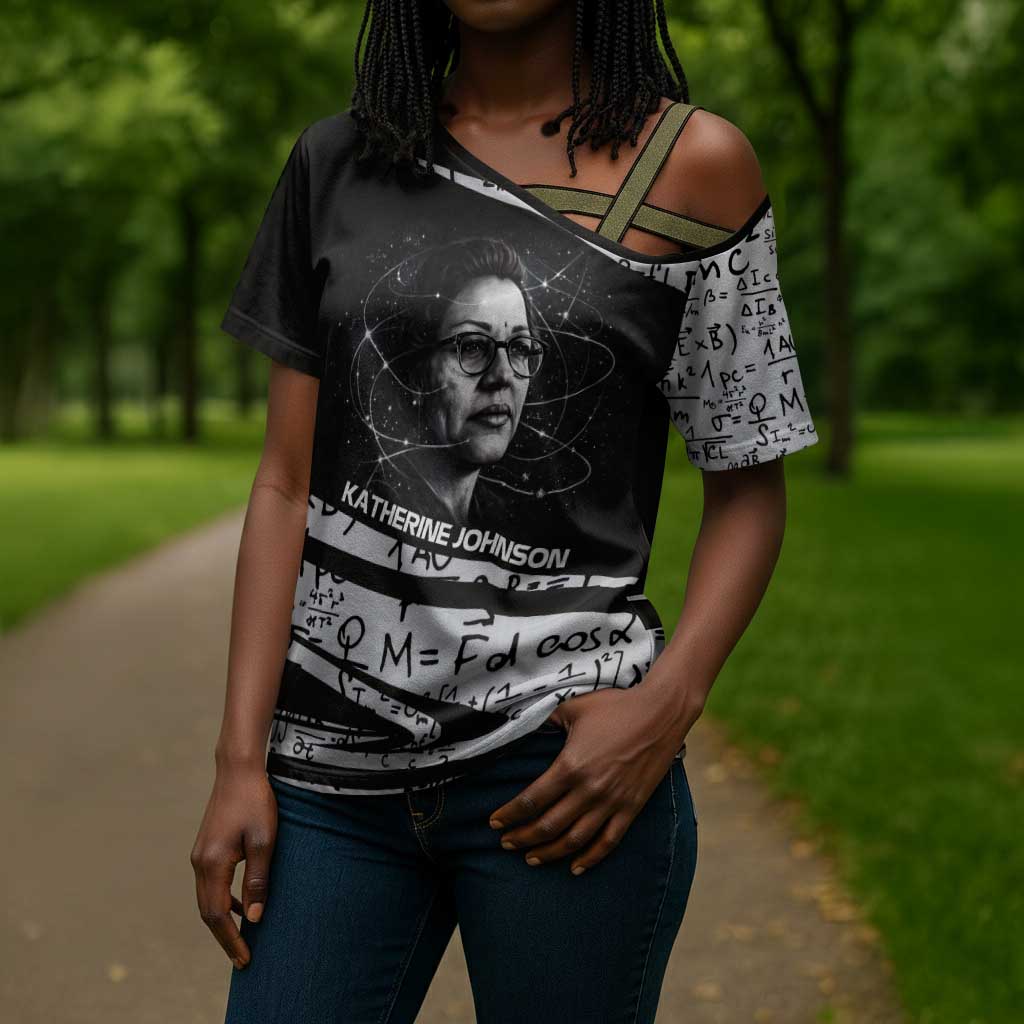 Katherine Johnson Cross Shoulder Shirt with Orbital Space Portrait, Historic NASA Launch Dates and Physics - Wonder Print Shop