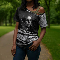Katherine Johnson Cross Shoulder Shirt with Orbital Space Portrait, Historic NASA Launch Dates and Physics - Wonder Print Shop