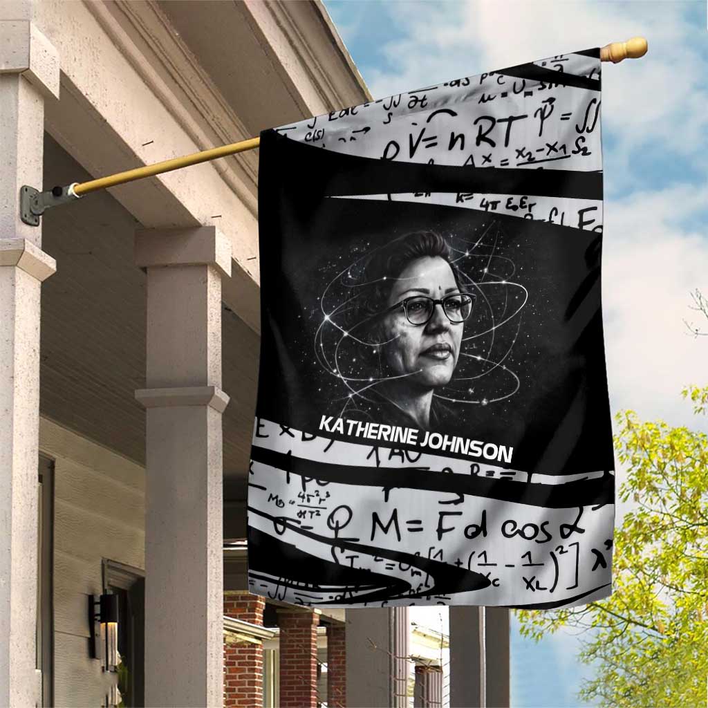 Katherine Johnson Garden Flag with Orbital Space Portrait, Historic NASA Launch Dates and Physics - Wonder Print Shop