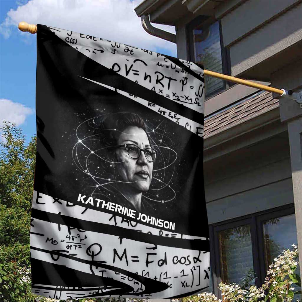 Katherine Johnson Garden Flag with Orbital Space Portrait, Historic NASA Launch Dates and Physics - Wonder Print Shop