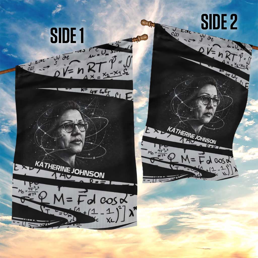Katherine Johnson Garden Flag with Orbital Space Portrait, Historic NASA Launch Dates and Physics - Wonder Print Shop