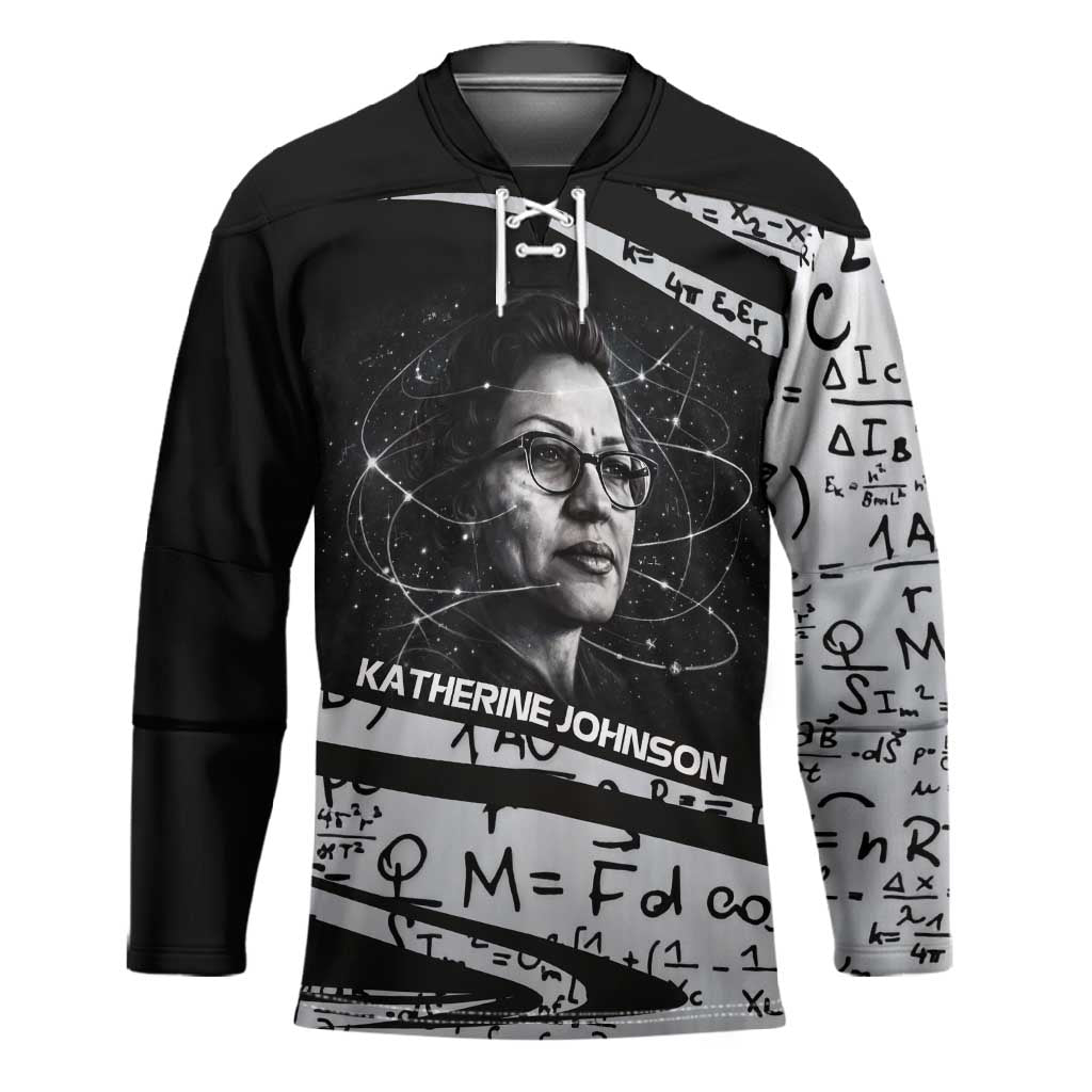 Katherine Johnson Hockey Jersey with Orbital Space Portrait, Historic NASA Launch Dates and Physics - Wonder Print Shop