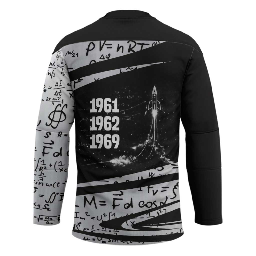Katherine Johnson Hockey Jersey with Orbital Space Portrait, Historic NASA Launch Dates and Physics - Wonder Print Shop
