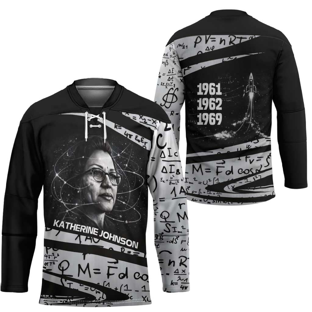 Katherine Johnson Hockey Jersey with Orbital Space Portrait, Historic NASA Launch Dates and Physics - Wonder Print Shop