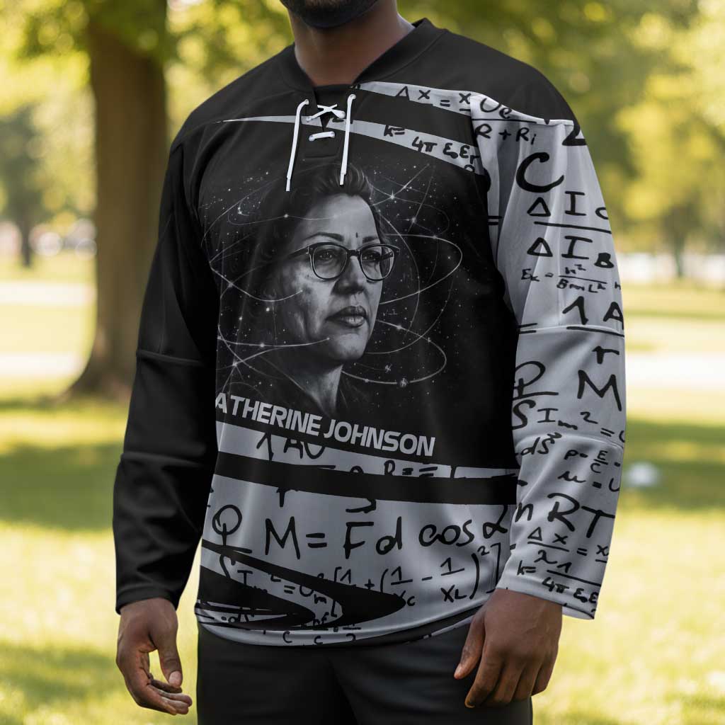 Katherine Johnson Hockey Jersey with Orbital Space Portrait, Historic NASA Launch Dates and Physics - Wonder Print Shop