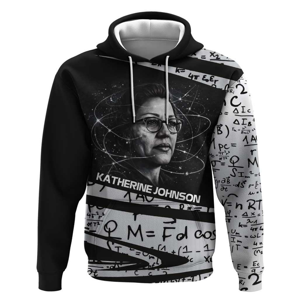 Katherine Johnson Hoodie with Orbital Space Portrait, Historic NASA Launch Dates and Physics - Wonder Print Shop
