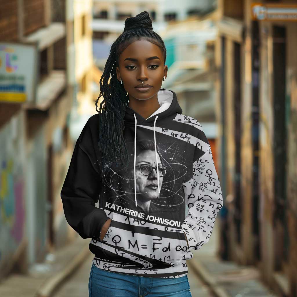 Katherine Johnson Hoodie with Orbital Space Portrait, Historic NASA Launch Dates and Physics - Wonder Print Shop