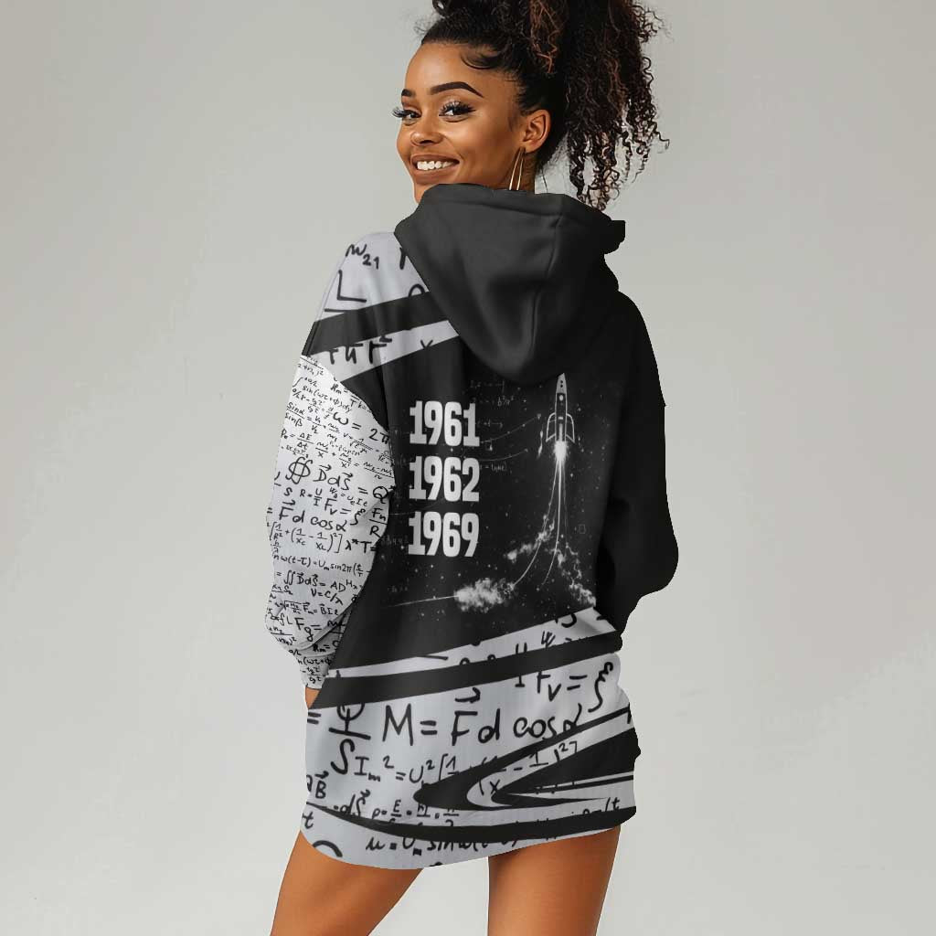 Katherine Johnson Hoodie Dress with Orbital Space Portrait, Historic NASA Launch Dates and Physics - Wonder Print Shop