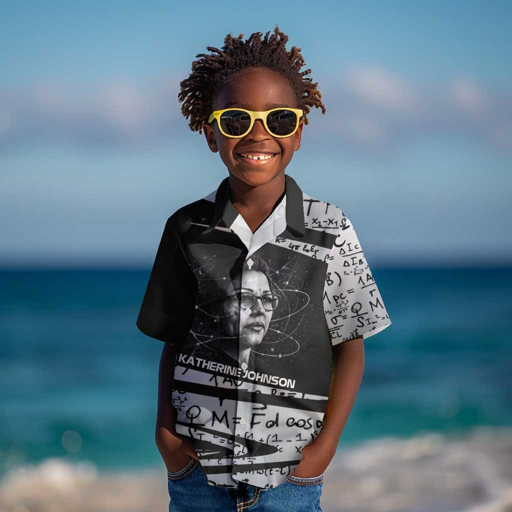 Katherine Johnson Kid Hawaiian Shirt with Orbital Space Portrait, Historic NASA Launch Dates and Physics - Wonder Print Shop