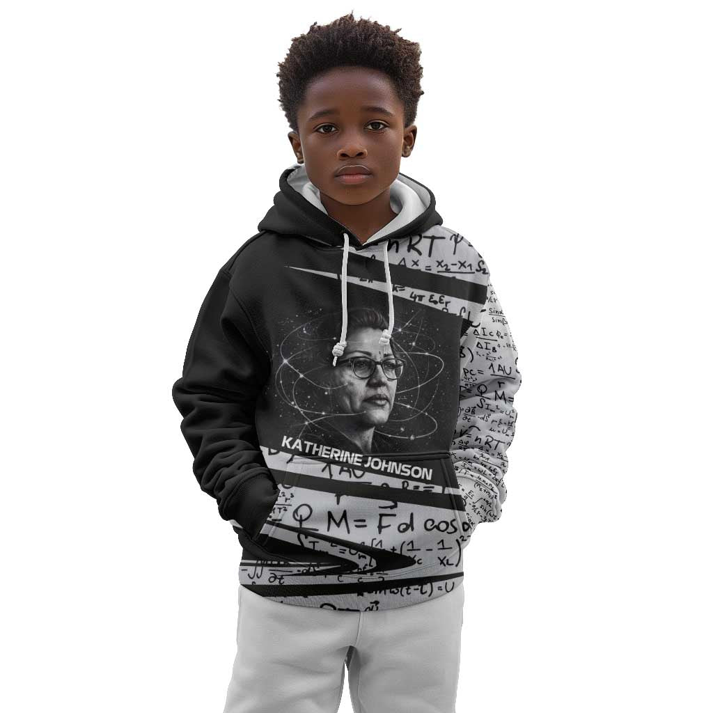 Katherine Johnson Kid Hoodie with Orbital Space Portrait, Historic NASA Launch Dates and Physics - Wonder Print Shop