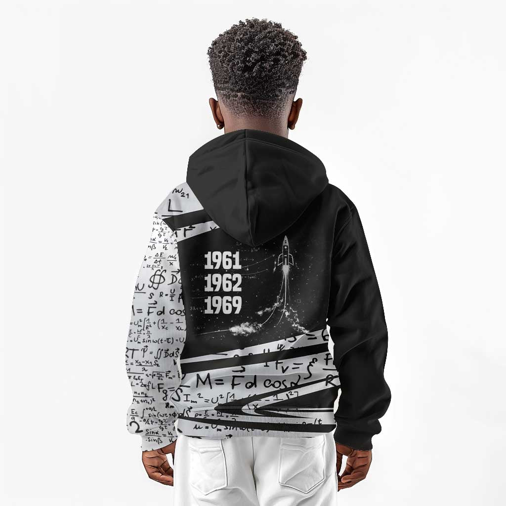 Katherine Johnson Kid Hoodie with Orbital Space Portrait, Historic NASA Launch Dates and Physics - Wonder Print Shop